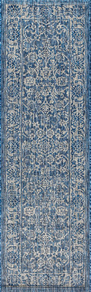 8' Navy Blue And Gray Medallion Indoor Outdoor Runner Rug HomeRoots