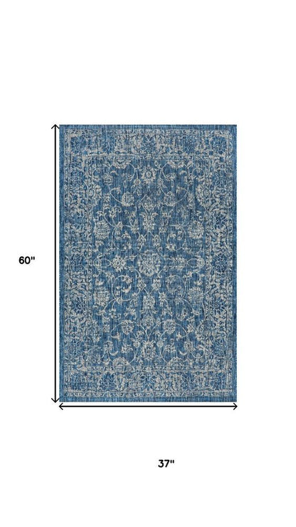 3' X 5' Navy Blue And Gray Medallion Indoor Outdoor Area Rug