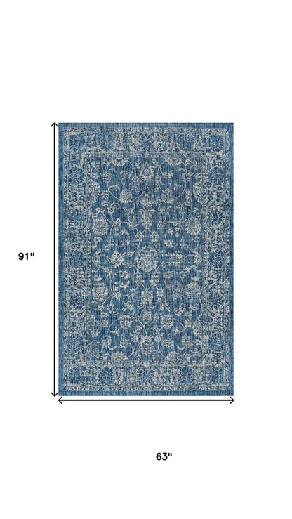 5' X 8' Navy Blue And Gray Medallion Indoor Outdoor Area Rug