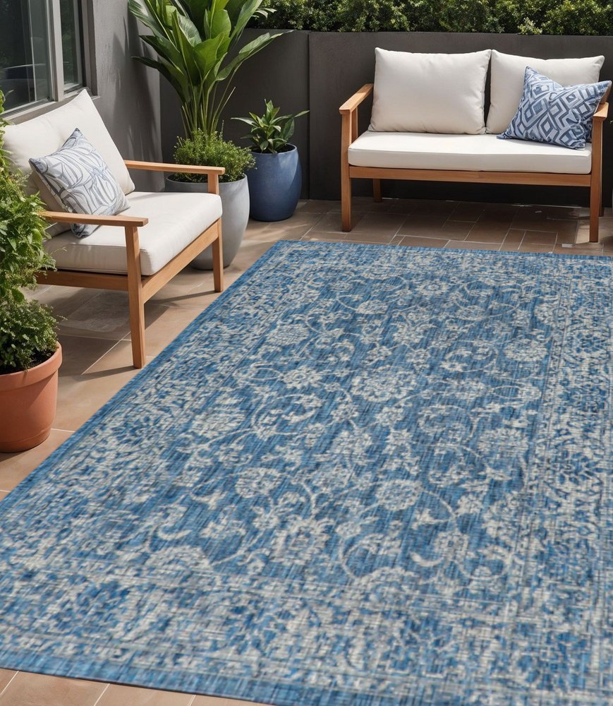 5' X 8' Navy Blue And Gray Medallion Indoor Outdoor Area Rug HomeRoots