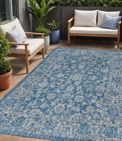 5' X 8' Navy Blue And Gray Medallion Indoor Outdoor Area Rug HomeRoots