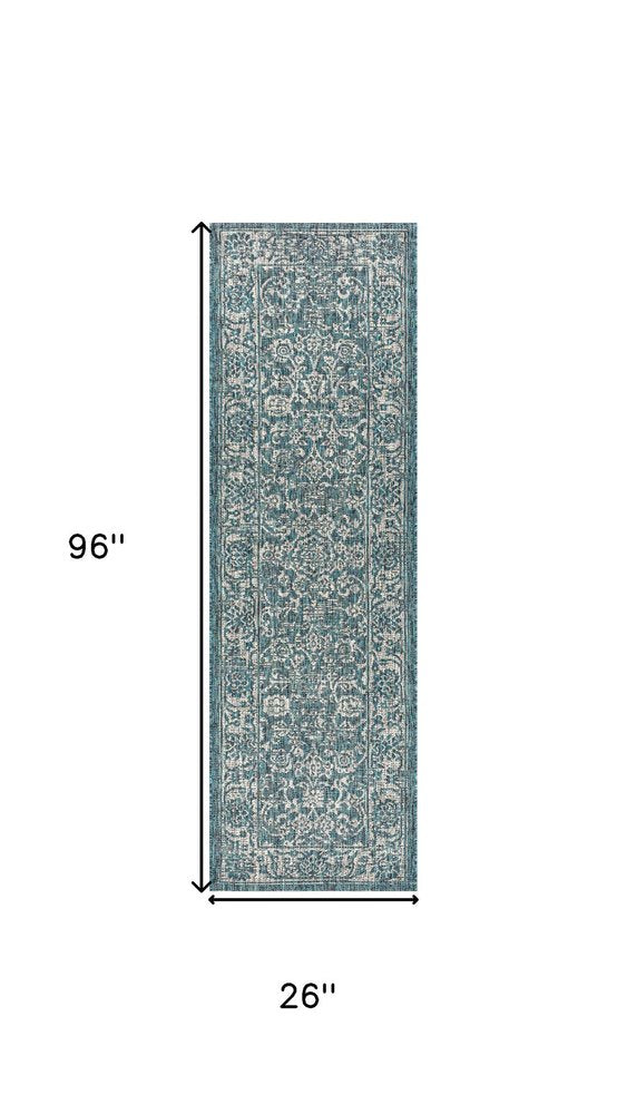 8' Teal Blue And Gray Medallion Indoor Outdoor Runner Rug HomeRoots