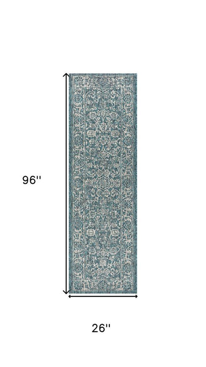 8' Teal Blue And Gray Medallion Indoor Outdoor Runner Rug HomeRoots