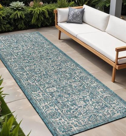 8' Teal Blue And Gray Medallion Indoor Outdoor Runner Rug HomeRoots