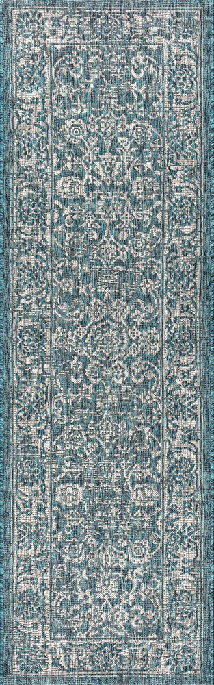 8' Teal Blue And Gray Medallion Indoor Outdoor Runner Rug HomeRoots