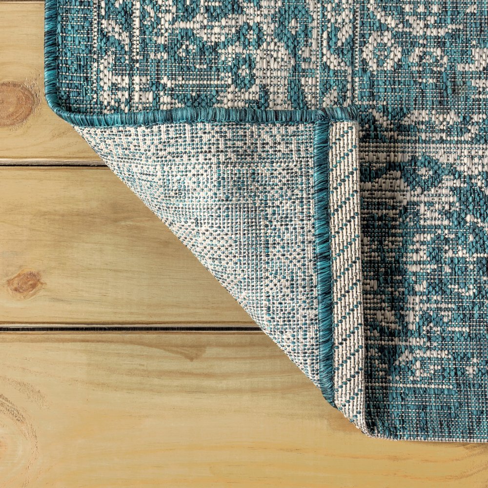 8' Teal Blue And Gray Medallion Indoor Outdoor Runner Rug HomeRoots