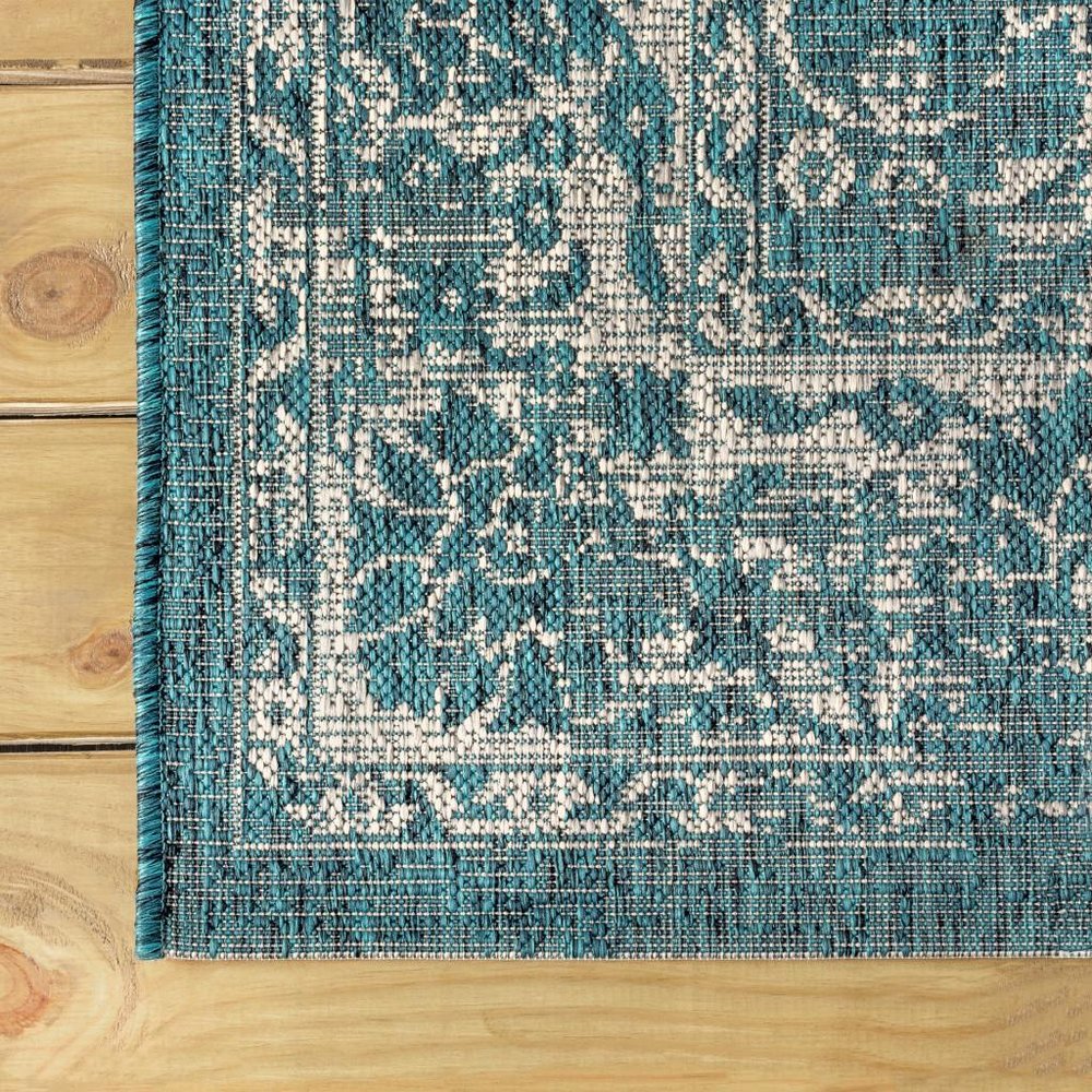 8' Teal Blue And Gray Medallion Indoor Outdoor Runner Rug HomeRoots