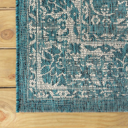 8' Teal Blue And Gray Medallion Indoor Outdoor Runner Rug HomeRoots