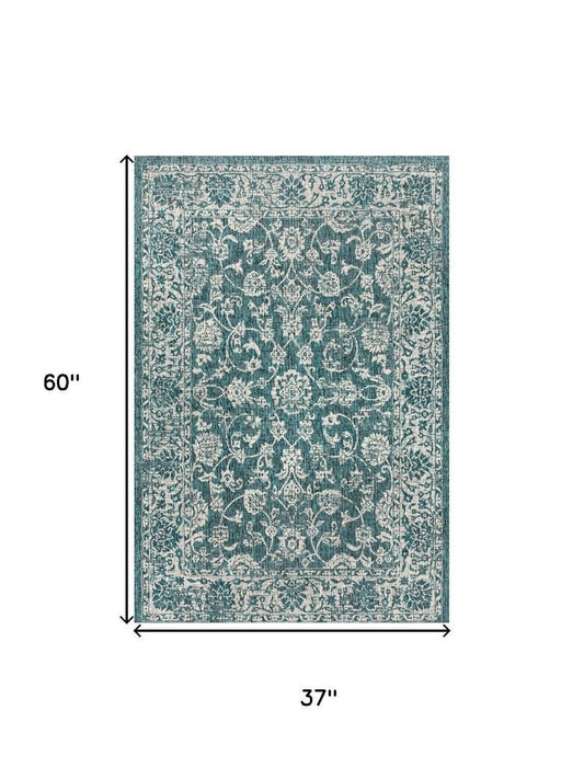 3' X 5' Teal Blue And Gray Medallion Indoor Outdoor Area Rug