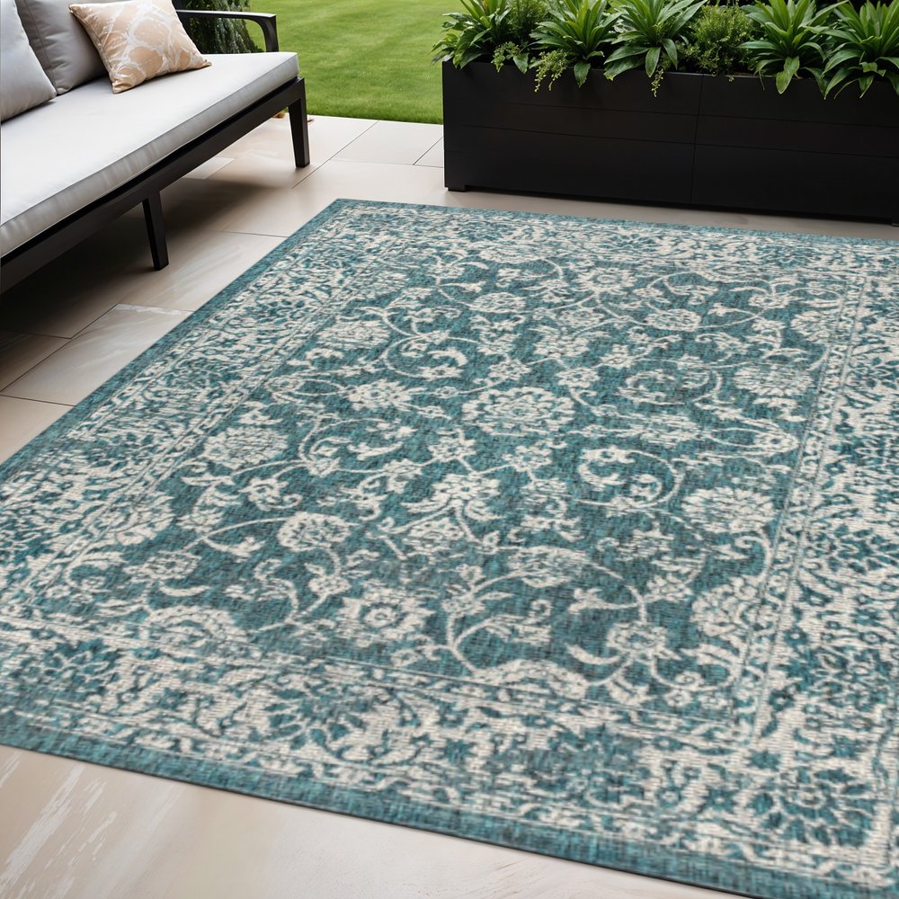 5' X 8' Teal Blue And Gray Medallion Indoor Outdoor Area Rug HomeRoots