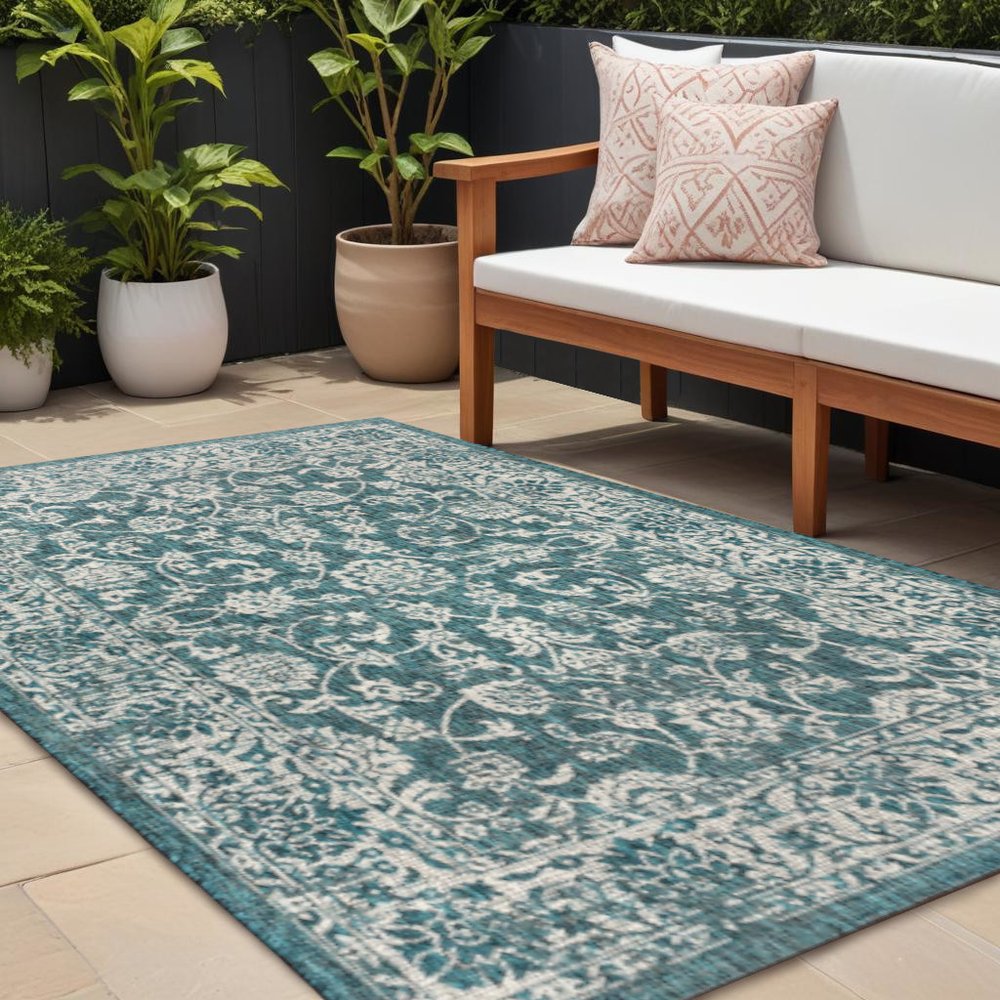 8' X 10' Teal Blue And Gray Medallion Indoor Outdoor Area Rug HomeRoots