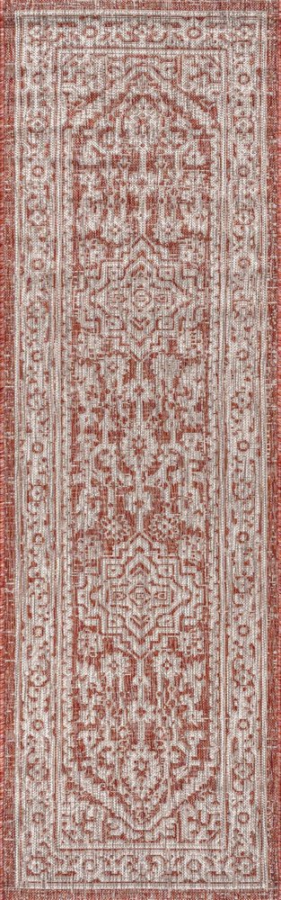 8' Red And Taupe Medallion Indoor Outdoor Runner Rug HomeRoots