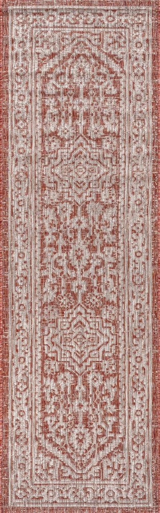 8' Red And Taupe Medallion Indoor Outdoor Runner Rug HomeRoots