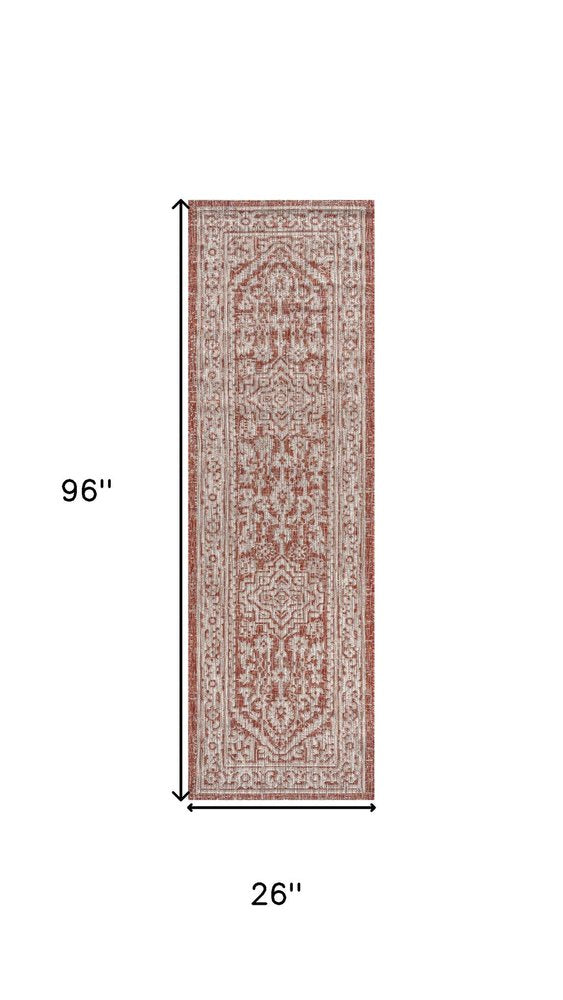 8' Red And Taupe Medallion Indoor Outdoor Runner Rug HomeRoots