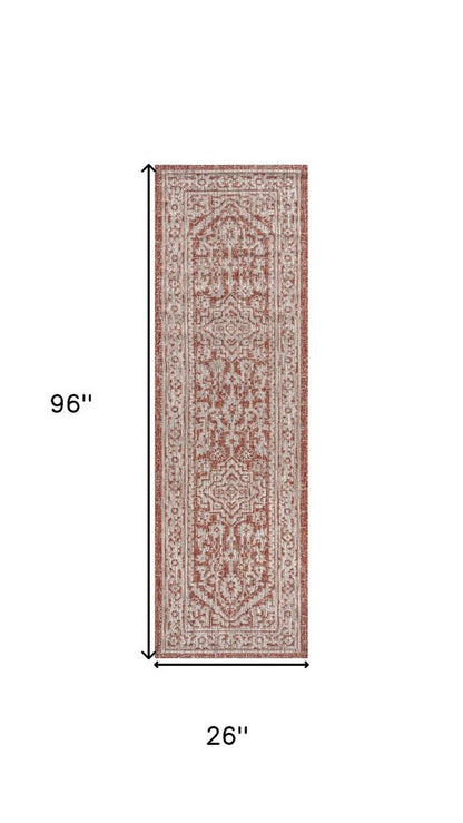 8' Red And Taupe Medallion Indoor Outdoor Runner Rug HomeRoots