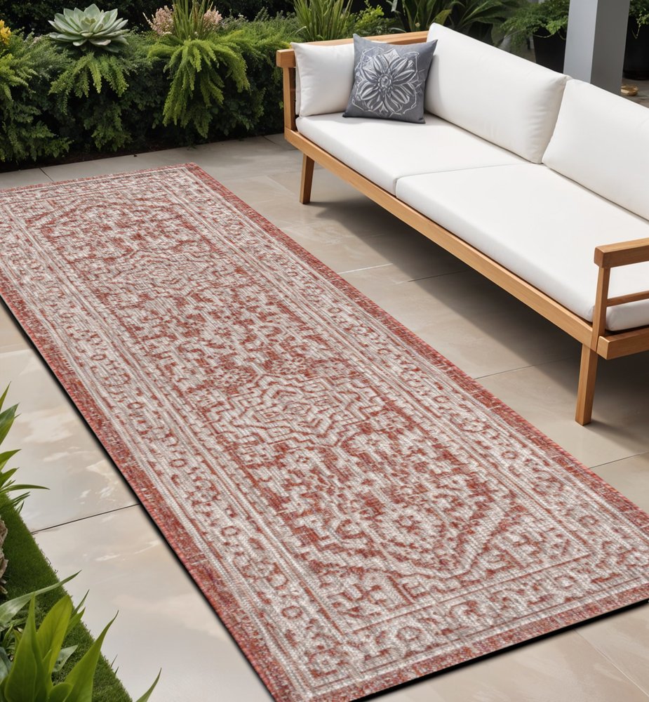 8' Red And Taupe Medallion Indoor Outdoor Runner Rug HomeRoots
