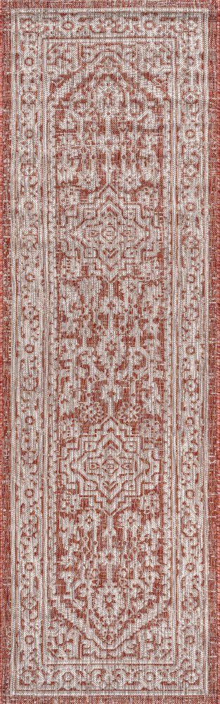 8' Red And Taupe Medallion Indoor Outdoor Runner Rug HomeRoots