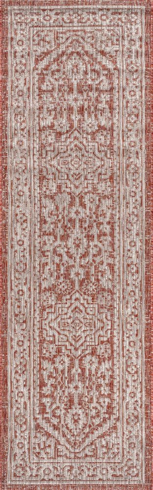 8' Red And Taupe Medallion Indoor Outdoor Runner Rug HomeRoots