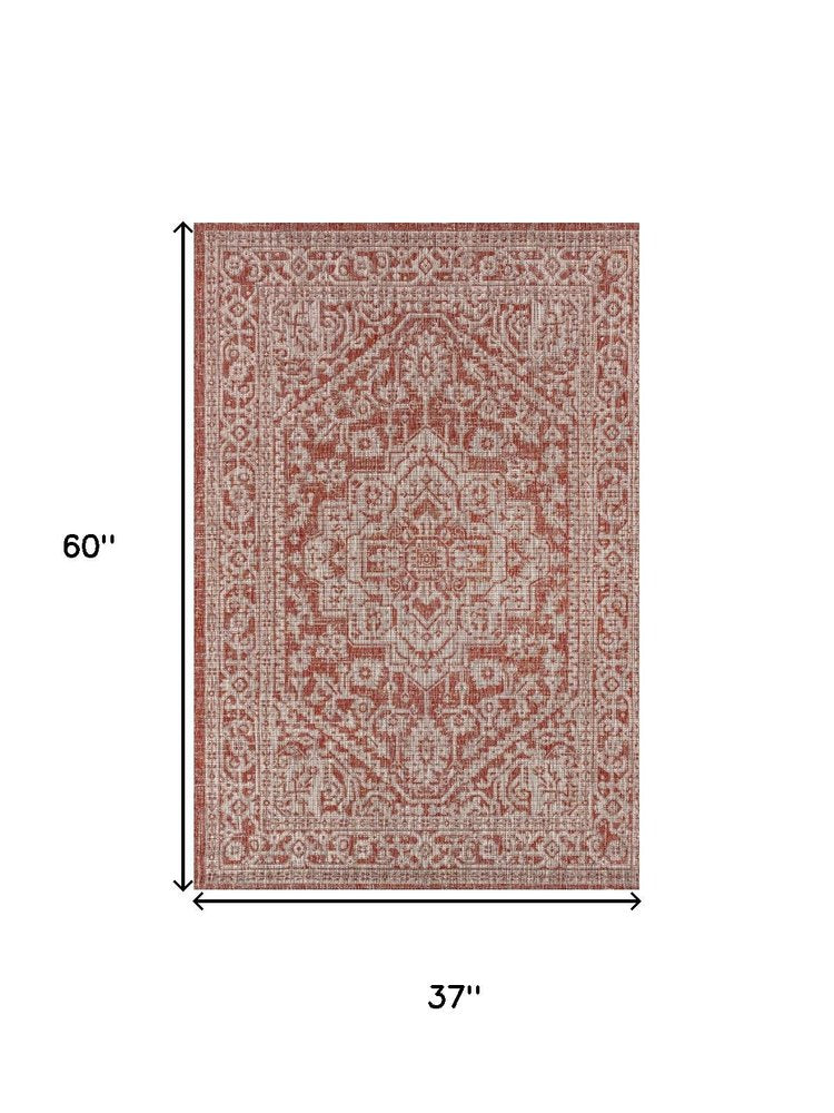 3' X 5' Red And Taupe Medallion Indoor Outdoor Area Rug HomeRoots