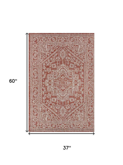 3' X 5' Red And Taupe Medallion Indoor Outdoor Area Rug HomeRoots