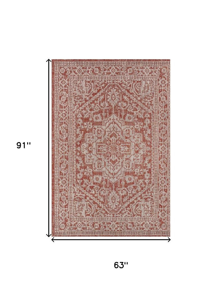 5' X 8' Red And Taupe Medallion Indoor Outdoor Area Rug