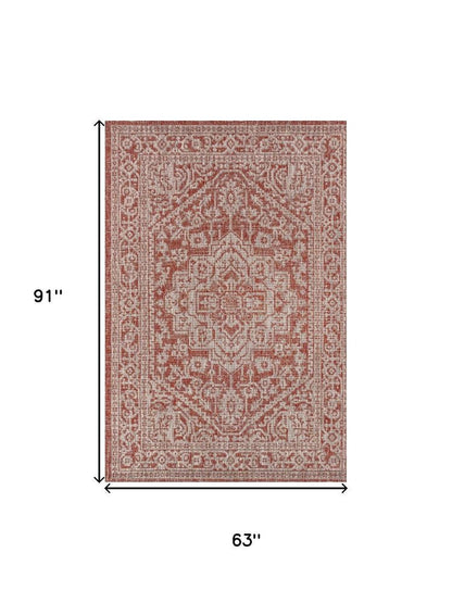5' X 8' Red And Taupe Medallion Indoor Outdoor Area Rug
