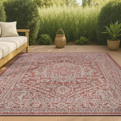 5' X 8' Red And Taupe Medallion Indoor Outdoor Area Rug