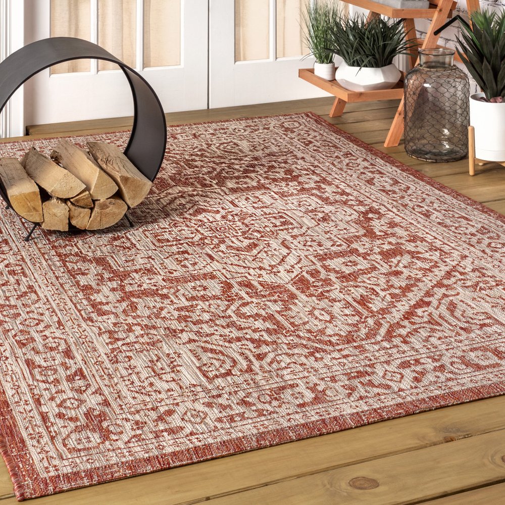 5' X 8' Red And Taupe Medallion Indoor Outdoor Area Rug
