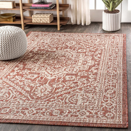 5' X 8' Red And Taupe Medallion Indoor Outdoor Area Rug