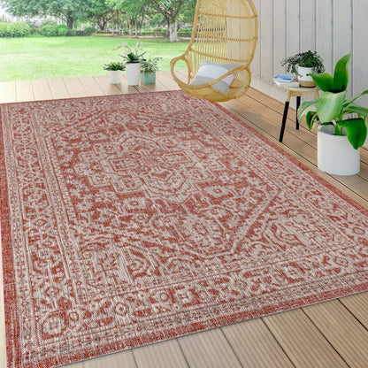 5' X 8' Red And Taupe Medallion Indoor Outdoor Area Rug