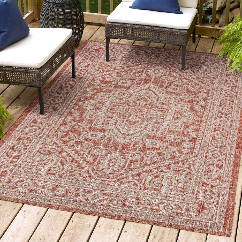 5' X 8' Red And Taupe Medallion Indoor Outdoor Area Rug