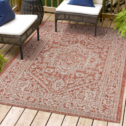 5' X 8' Red And Taupe Medallion Indoor Outdoor Area Rug