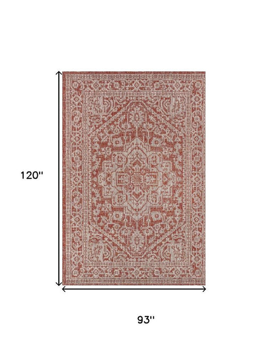 8' X 10' Red And Taupe Medallion Indoor Outdoor Area Rug