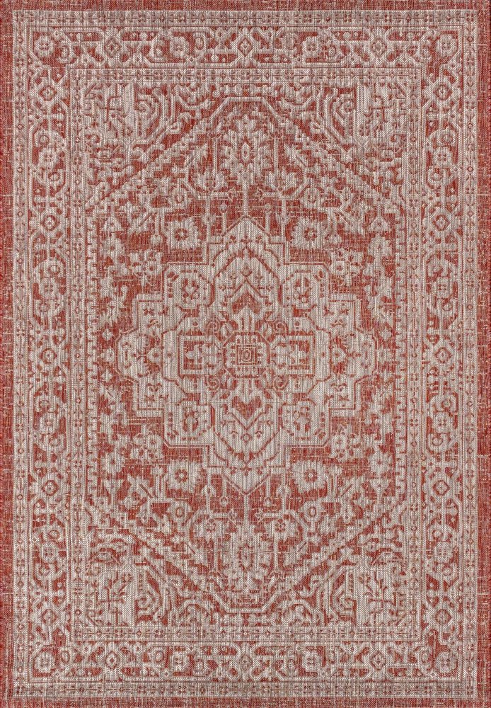 8' X 10' Red And Taupe Medallion Indoor Outdoor Area Rug