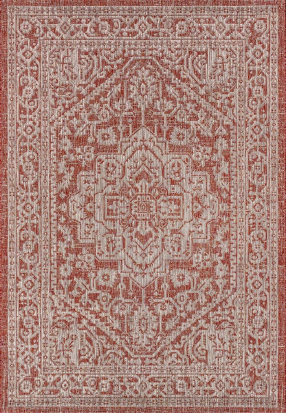 8' X 10' Red And Taupe Medallion Indoor Outdoor Area Rug
