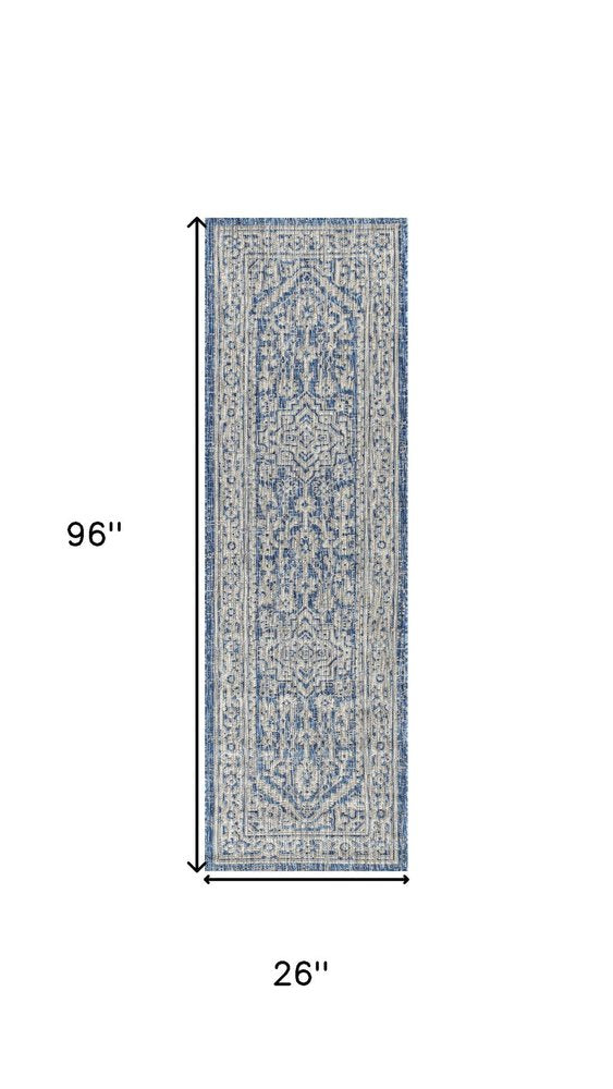 8' Navy Blue And Gray Medallion Indoor Outdoor Runner Rug HomeRoots