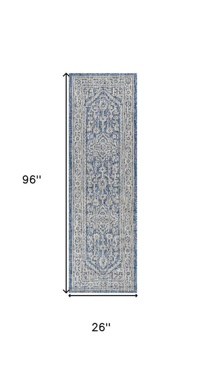 8' Navy Blue And Gray Medallion Indoor Outdoor Runner Rug HomeRoots