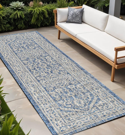 8' Navy Blue And Gray Medallion Indoor Outdoor Runner Rug HomeRoots