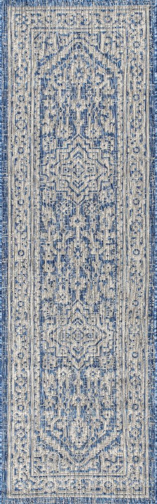 8' Navy Blue And Gray Medallion Indoor Outdoor Runner Rug HomeRoots