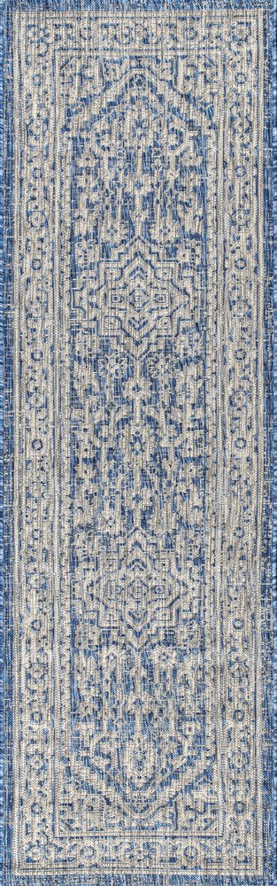 8' Navy Blue And Gray Medallion Indoor Outdoor Runner Rug HomeRoots