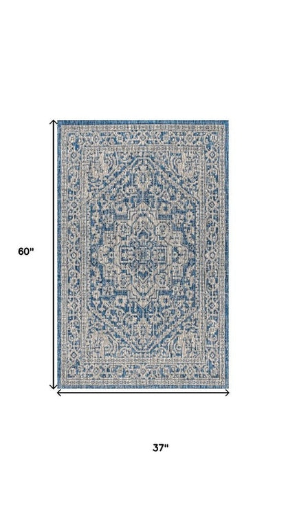 3' X 5' Navy Blue And Gray Medallion Indoor Outdoor Area Rug HomeRoots