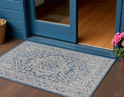 3' X 5' Navy Blue And Gray Medallion Indoor Outdoor Area Rug HomeRoots