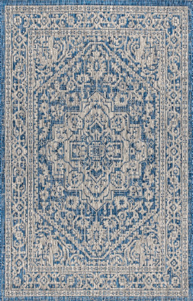 4' X 6' Navy Blue And Gray Medallion Indoor Outdoor Area Rug HomeRoots