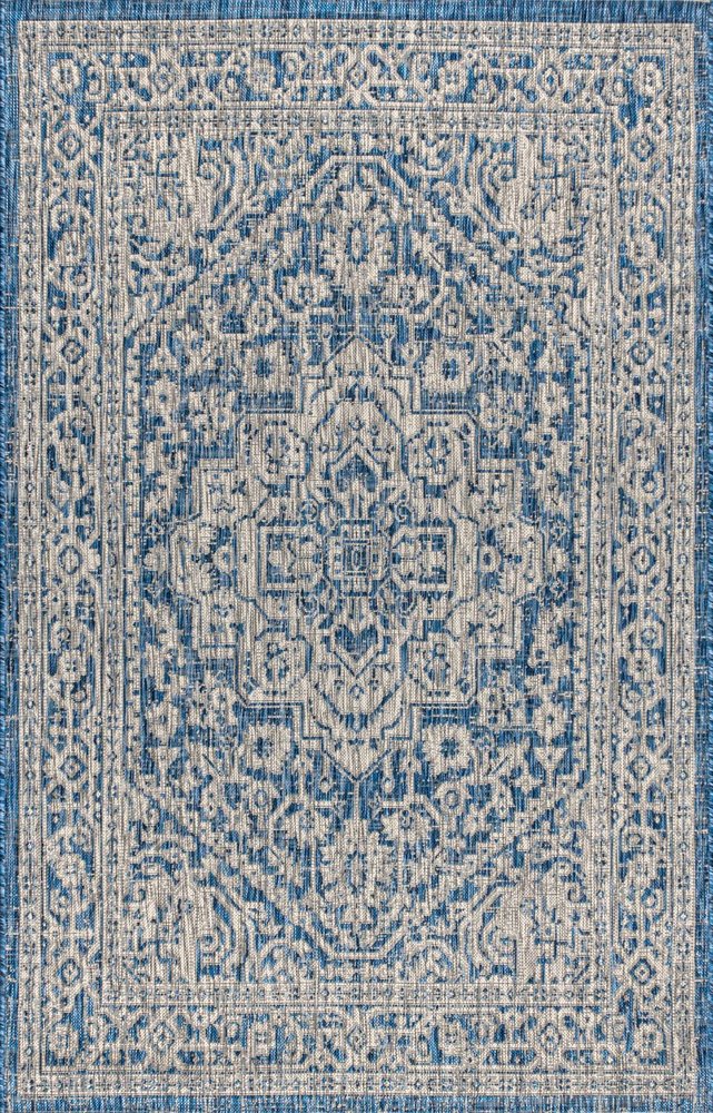 4' X 6' Navy Blue And Gray Medallion Indoor Outdoor Area Rug HomeRoots