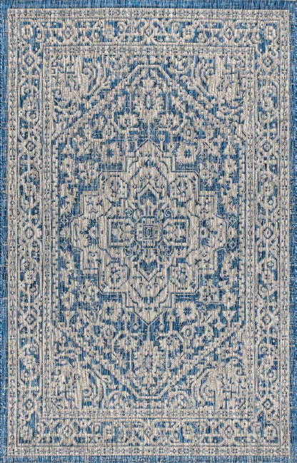 4' X 6' Navy Blue And Gray Medallion Indoor Outdoor Area Rug HomeRoots