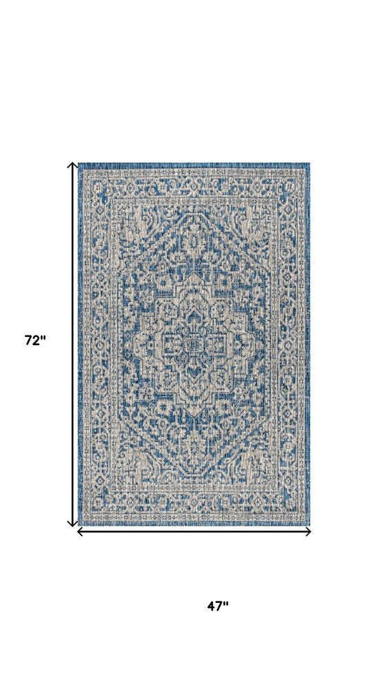 4' X 6' Navy Blue And Gray Medallion Indoor Outdoor Area Rug HomeRoots
