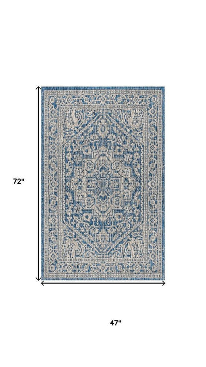 4' X 6' Navy Blue And Gray Medallion Indoor Outdoor Area Rug HomeRoots