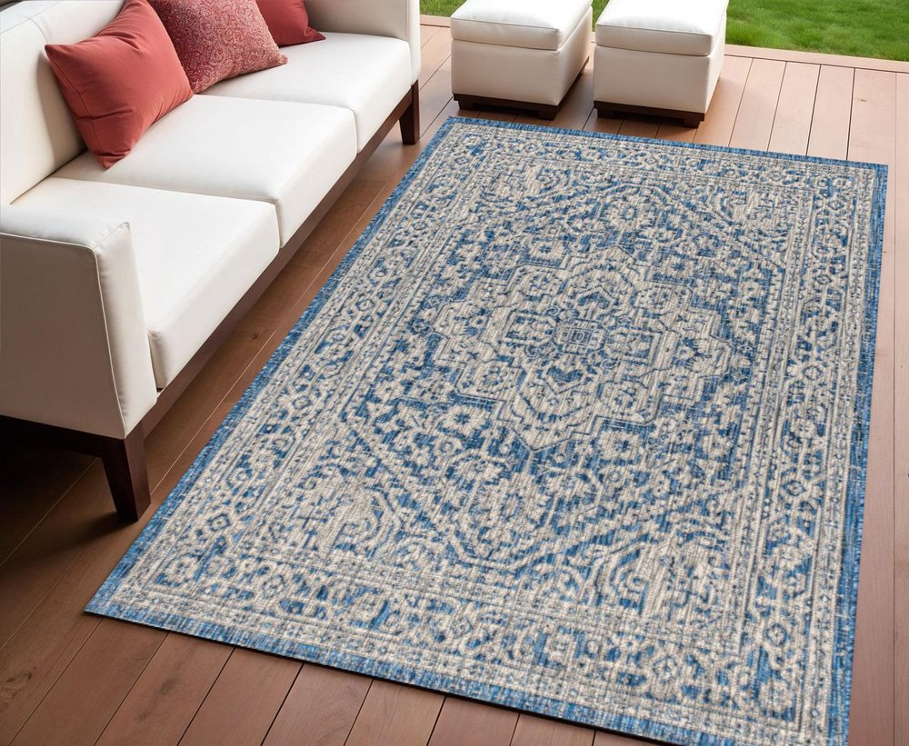 4' X 6' Navy Blue And Gray Medallion Indoor Outdoor Area Rug HomeRoots