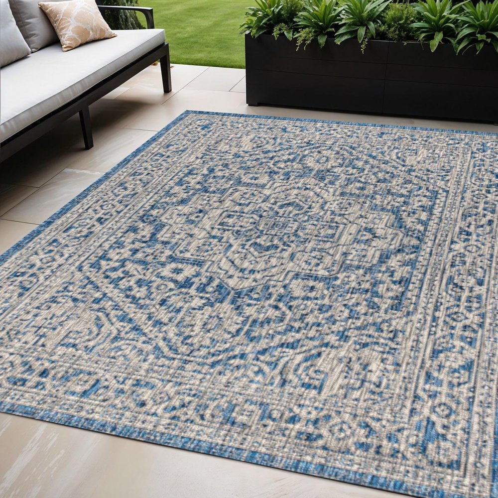 5' X 8' Navy Blue And Gray Medallion Indoor Outdoor Area Rug HomeRoots