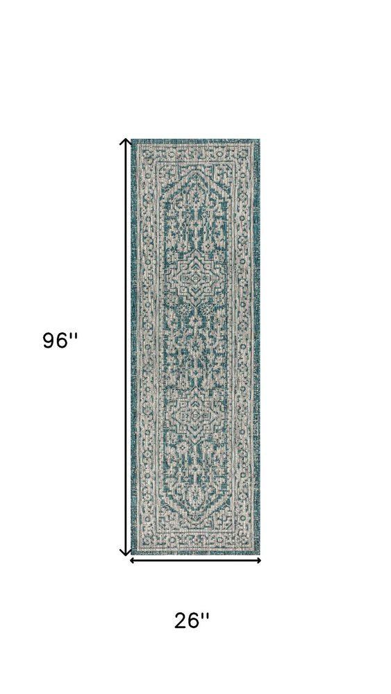 8' Teal Blue And Gray Medallion Indoor Outdoor Runner Rug HomeRoots